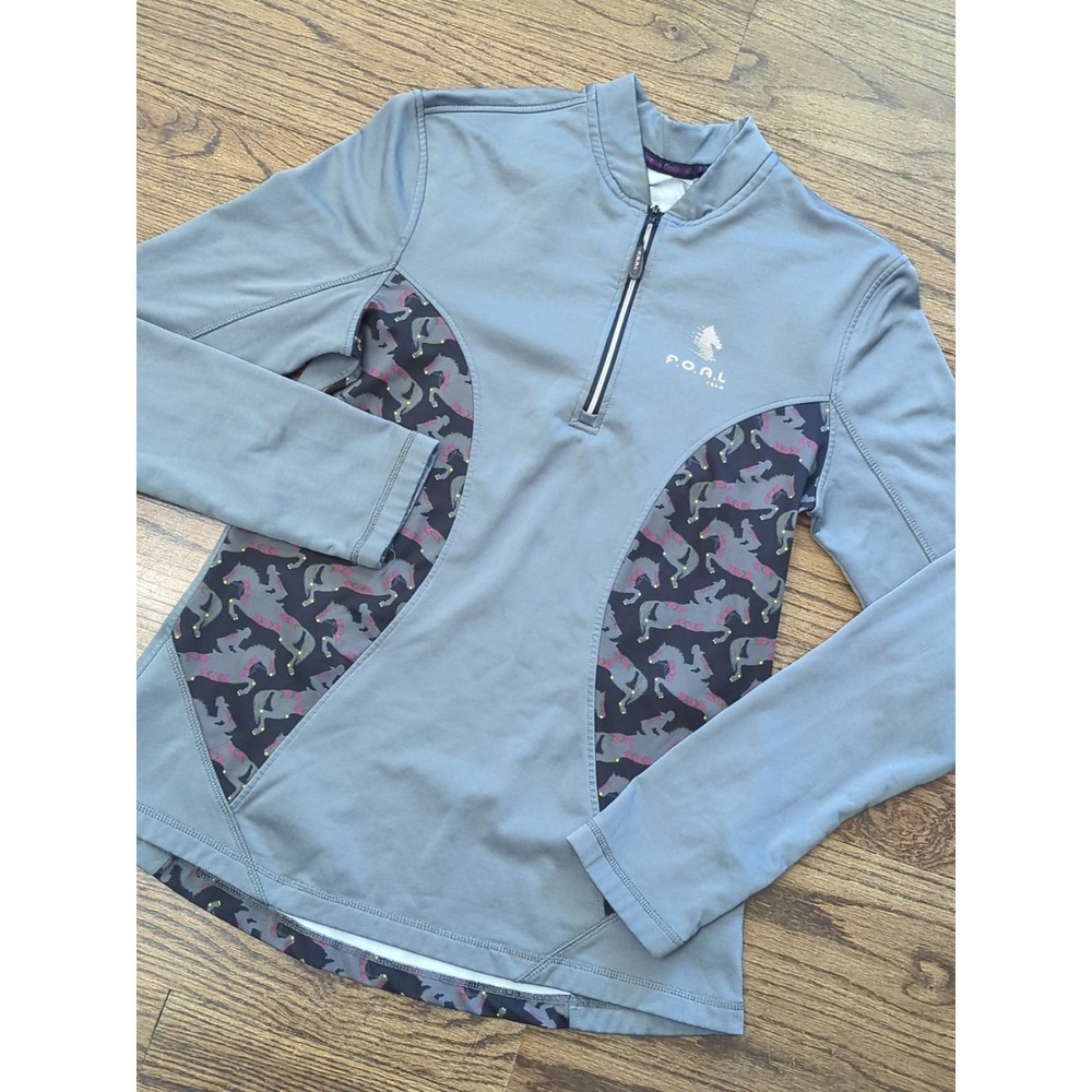 FOAL Pullover Long SleeveShirt Gray Sz L 1/4 Zip Equestrian Horse Print Fleece